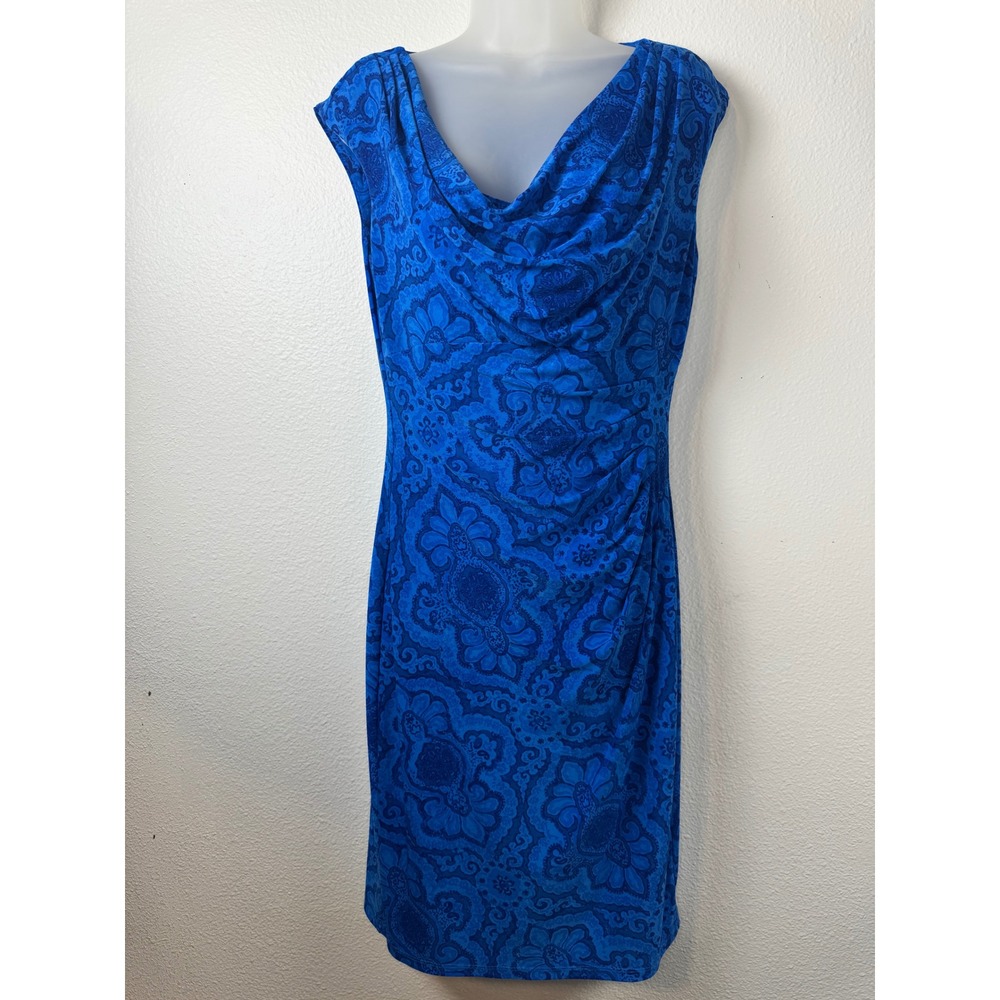 Lauren Ralph Lauren Blue Paisley Cowl Neck Ruched Sheath Dress Size 10